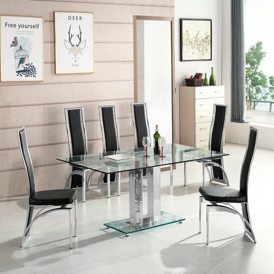 Read more about Jet large glass dining table in clear and 6 chicago black chairs