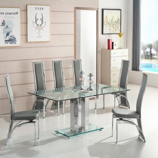 Read more about Jet large glass dining table in clear with 6 chicago grey chairs