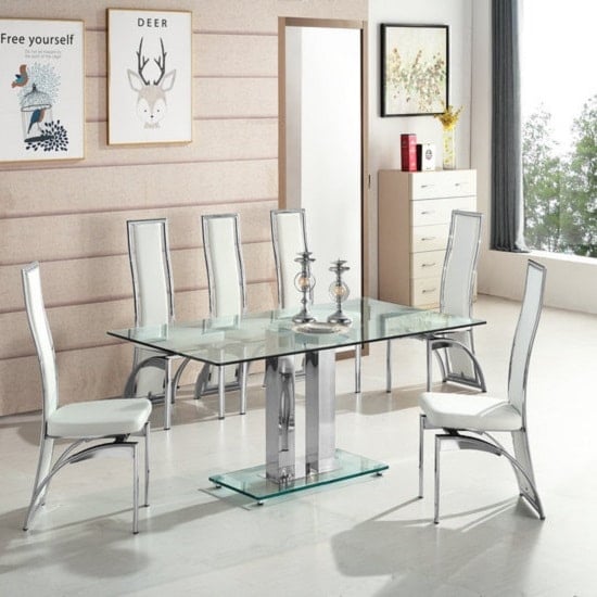 Photo of Jet large glass dining table in clear and 6 chicago white chairs