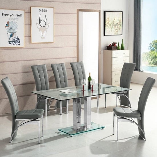 Jet Large Glass Dining Table In Clear With 6 Ravenna Grey Chairs