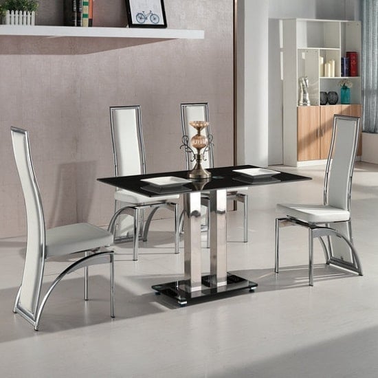 Product photograph of Jet Small Black Glass Dining Table With 4 Chicago White Chairs from Furniture in Fashion