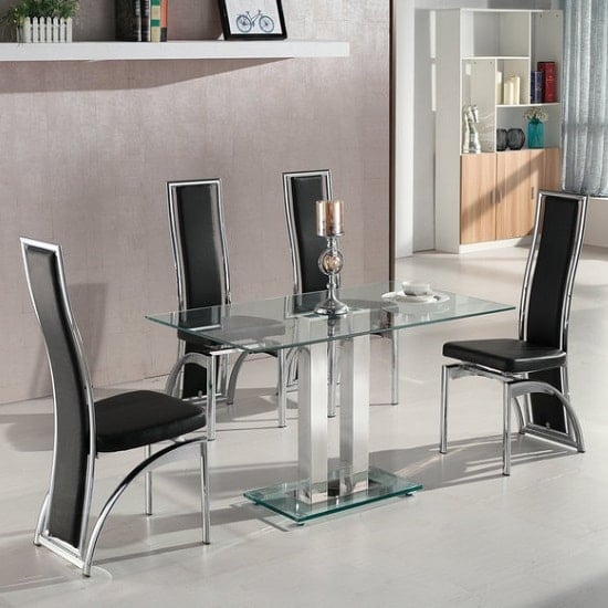 Read more about Jet small clear glass dining table with 4 chicago black chairs