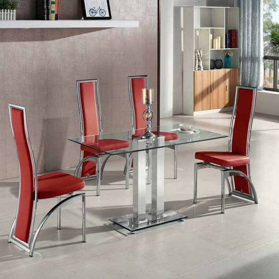 Jet Small Clear Glass Dining Table With 4 Chicago Red Chairs