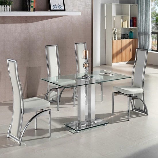 Photo of Jet small clear glass dining table with 4 chicago white chairs