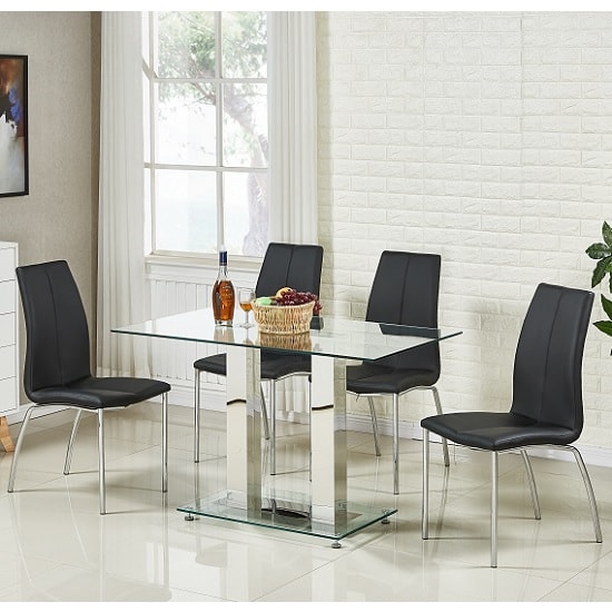 Read more about Jet small clear glass dining table with 4 opal black chairs