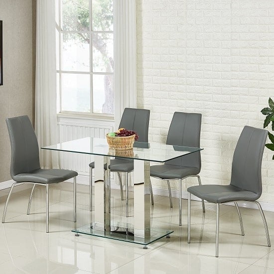 Jet Small Glass Dining Table In Clear With 4 Opal Grey Chairs