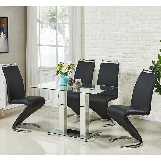 Read more about Jet small glass dining table in clear and 4 summer black chairs