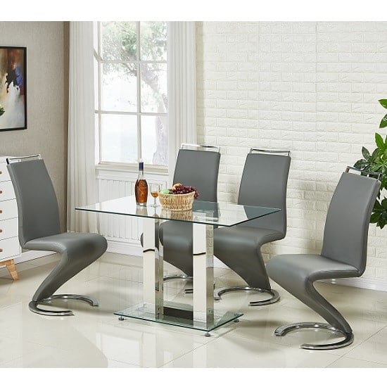 Photo of Jet small glass dining table in clear and 4 summer grey chairs