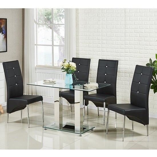 Jet Small Glass Dining Table In Clear With 4 Vesta Black Chairs