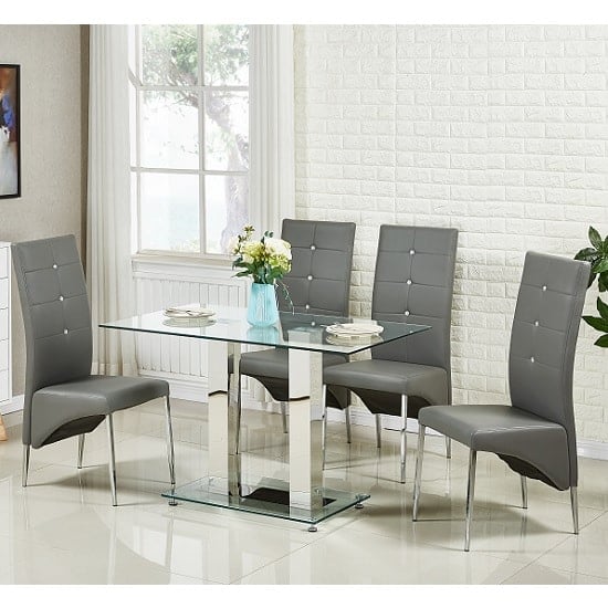 Photo of Jet small glass dining table in clear with 4 vesta grey chairs