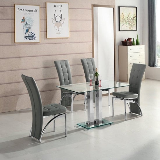 Product photograph of Jet Small Clear Glass Dining Table With 4 Ravenna Grey Chairs from Furniture in Fashion