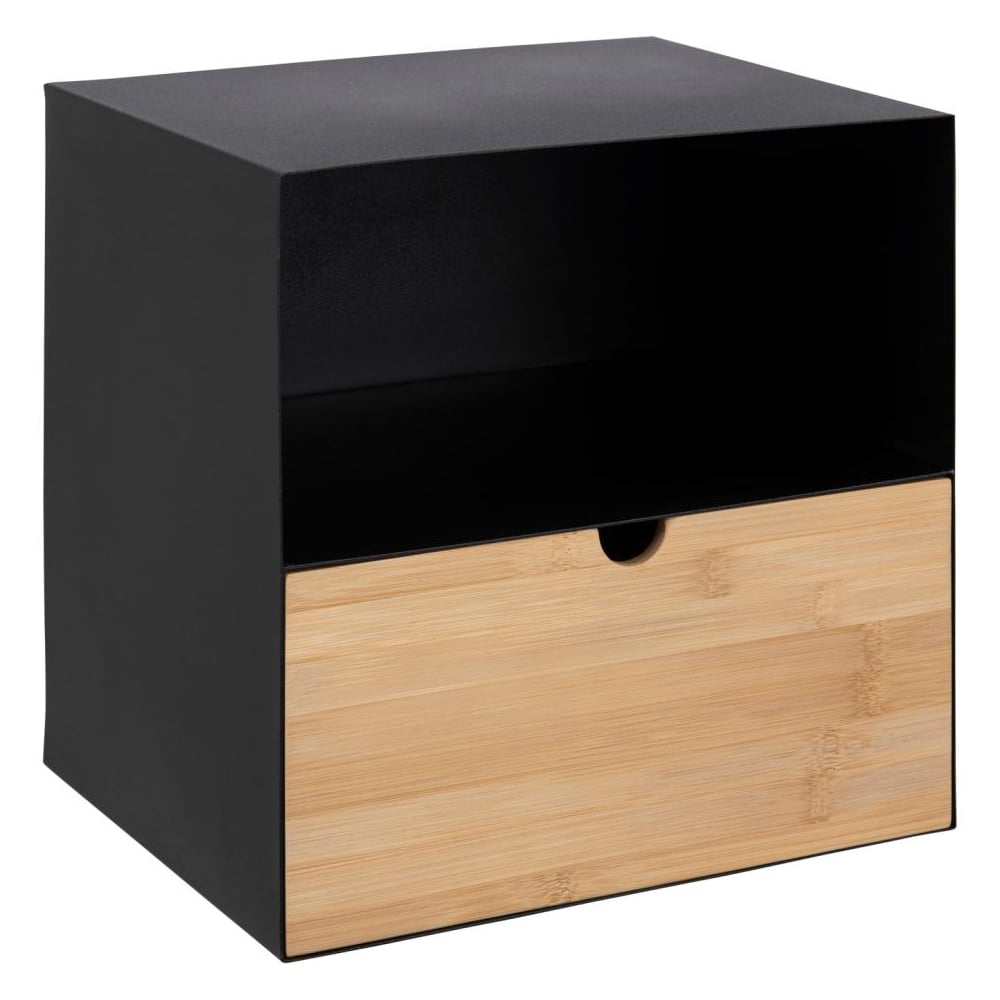 Jicama Metal Wall Hung Bedside Cabinet In Matt Black And Oak