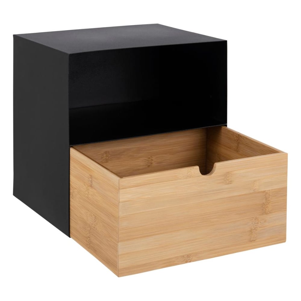 Jicama Metal Wall Hung Bedside Cabinet In Matt Black And Oak