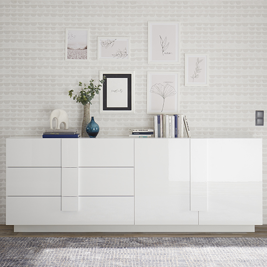 Product photograph of Jining High Gloss Sideboard With 2 Doors 3 Drawers In White from Furniture in Fashion