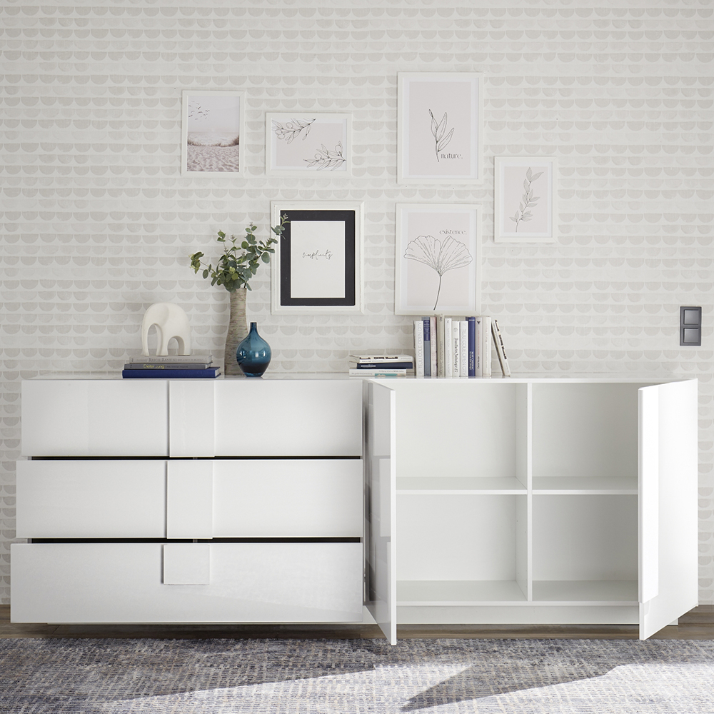 Jining High Gloss Sideboard With 2 Doors 3 Drawers In White