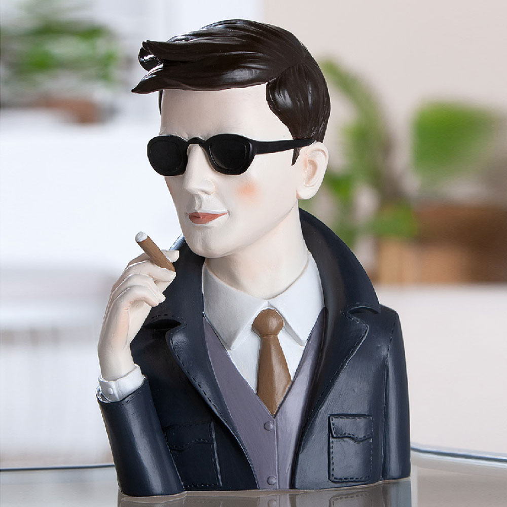 Jisora Poly Man with Sigarre Sculpture in Black and Grey