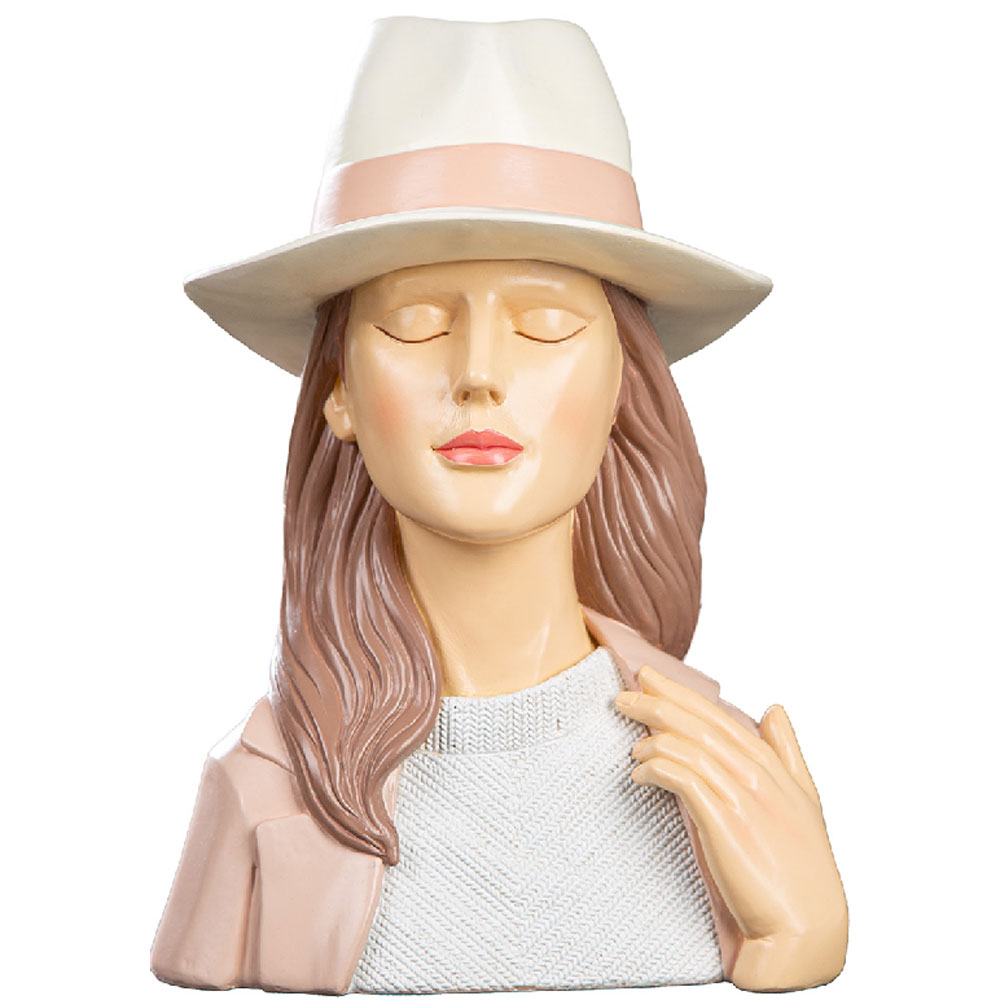 Jisora Synthetic resin Women with Hat Sculpture in White and Pink
