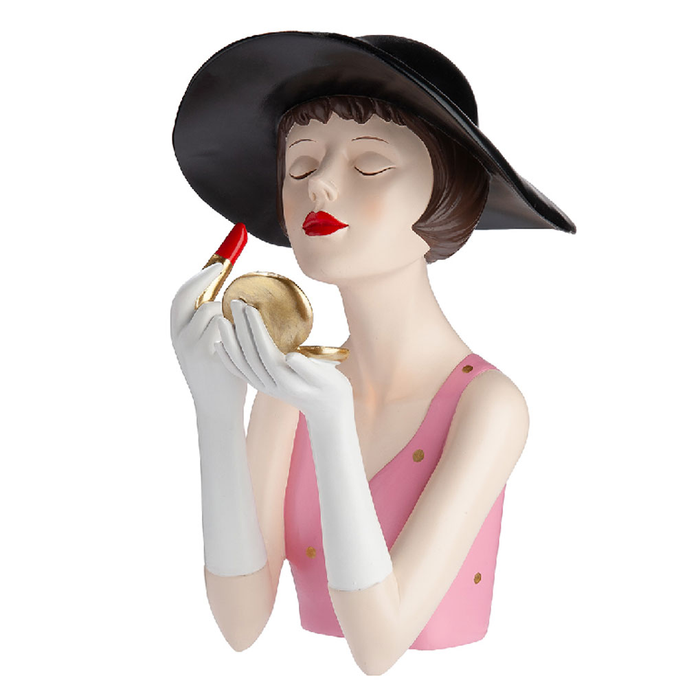 Jisora Synthetic resin Women with Lipstick Sculpture in White and Pink