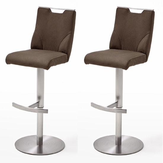 Read more about Jiulia brown leather bar stool with steel base in pair