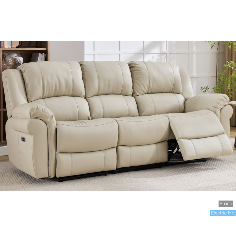 Jivaro Plush PU Electric Recliner 3 Seater Sofa in Stone