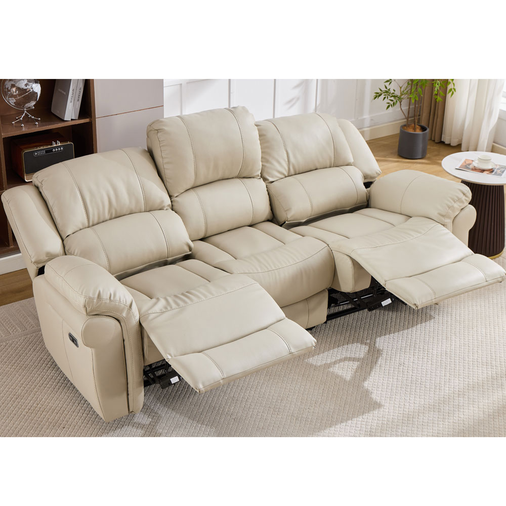 Jivaro Plush PU Electric Recliner 3 Seater Sofa in Stone