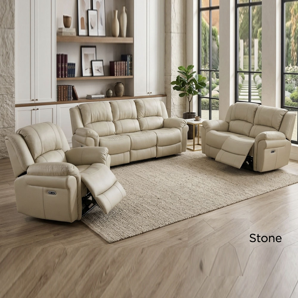 Jivaro Plush PU Electric Recliner Sofa Suite in Stone