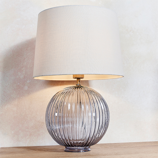 Jixi Natural Linen Shade Table Lamp With Grey Ribbed Base