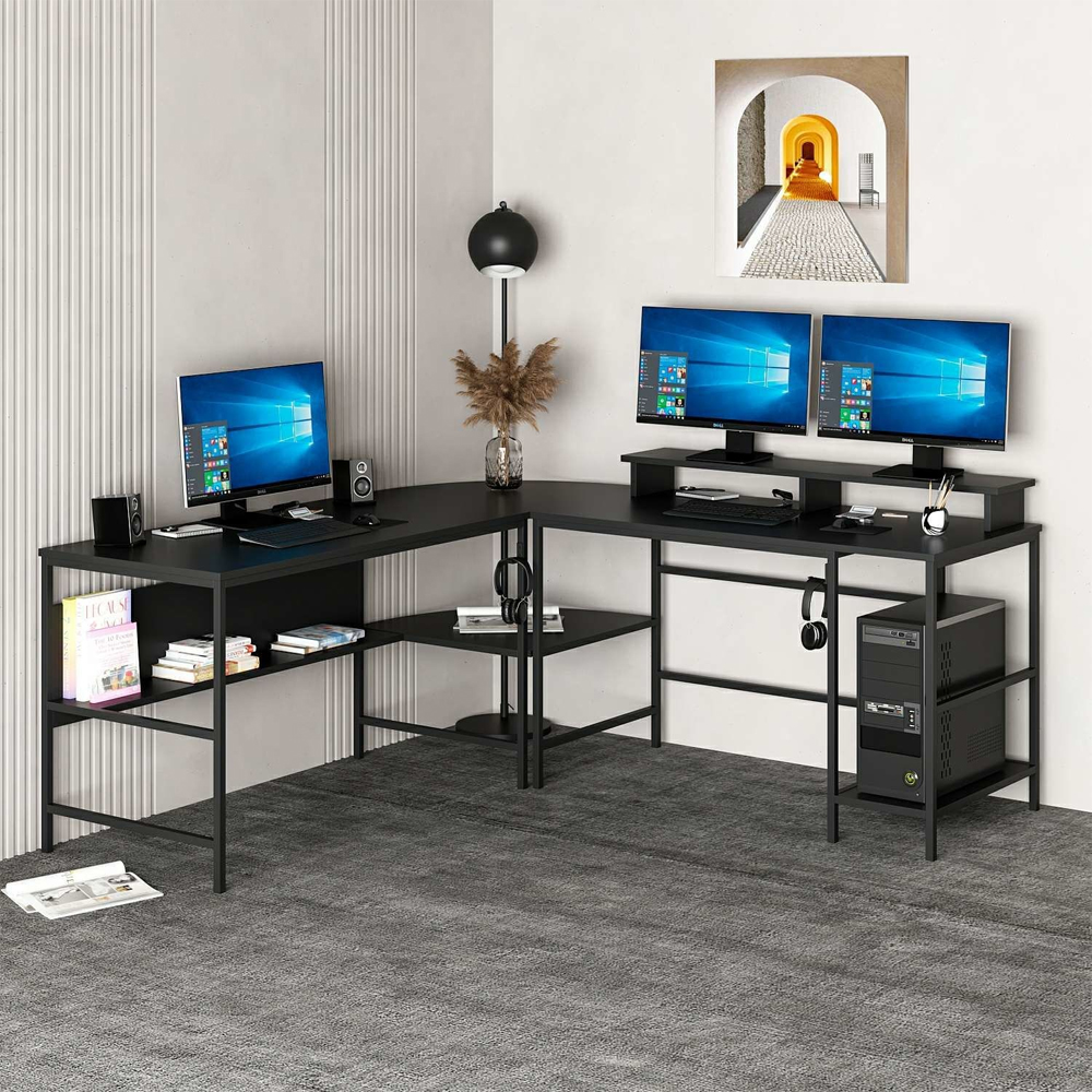 Jomix Wooden Corner Gaming Computer Desk with 2 Shelf and LED in Black