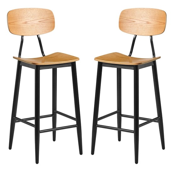 Jona Ply Oak Wooden Bar Stools In Pair