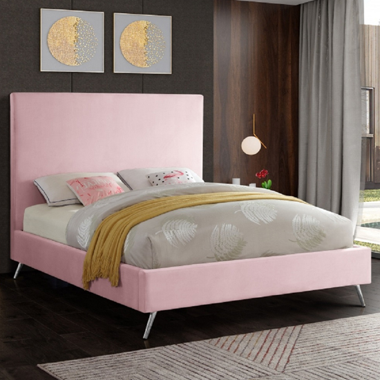 Jonesboro Plush Velvet Upholstered Double Bed In Pink Furniture in