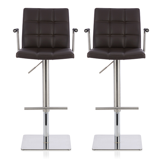 Read more about Jonka brown faux leather swivel gas-lift bar stools in pair