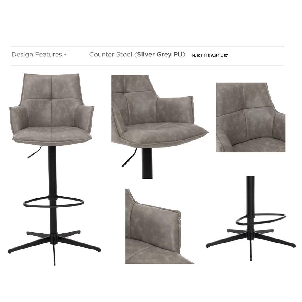 Joplin Silver Grey PU Leather Bar Stools in Pair