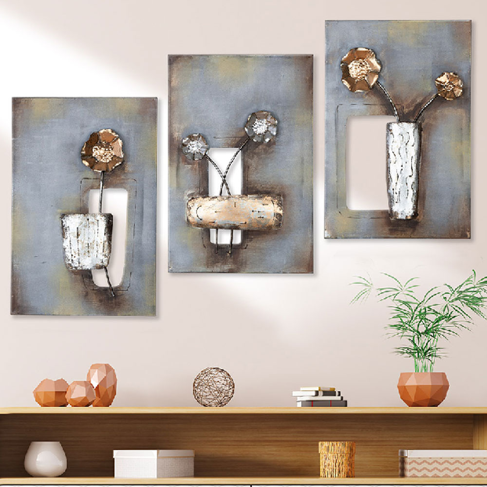 Jorlano Metal Set Of 3 Wall Art in Grey and Silver