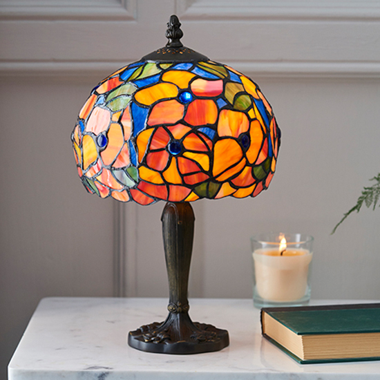 Photo of Josette small tiffany glass table lamp in dark bronze