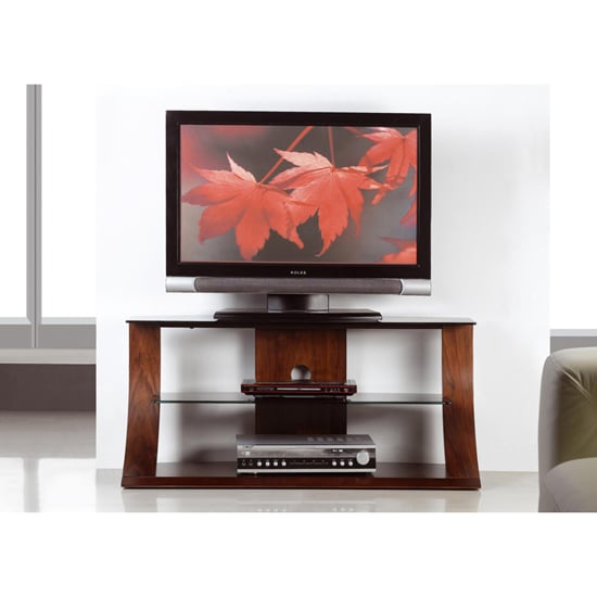 Curved Shape Plasma TV Stand In Walnut With Black Glass