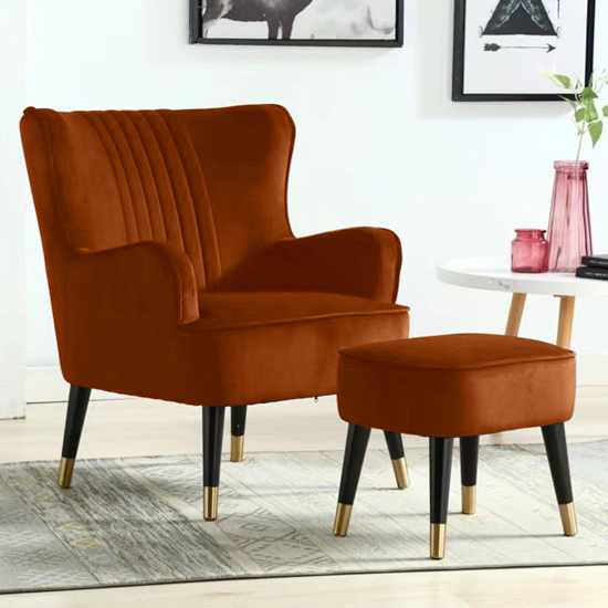 Juke Velvet Accent Chair With Foot Stool In Copper