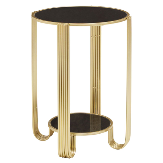 Photo of Julie round black glass top end table with gold metal base