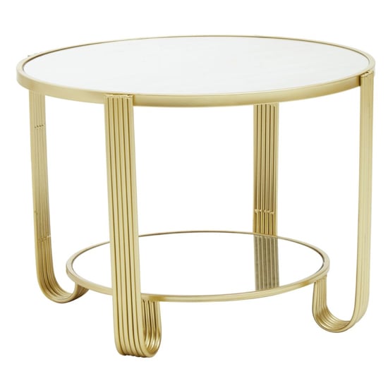 Product photograph of Julie Round White Glass Top Coffee Table With Gold Metal Base from Furniture in Fashion