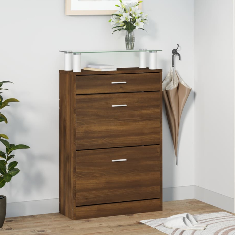 Juneau Glass Top Shoe Storage Cabinet In Brown Oak