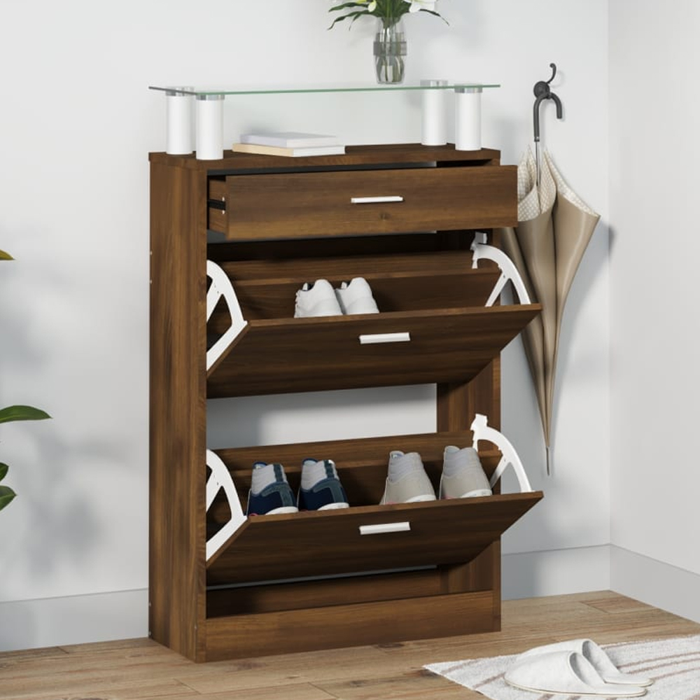 Juneau Glass Top Shoe Storage Cabinet In Brown Oak