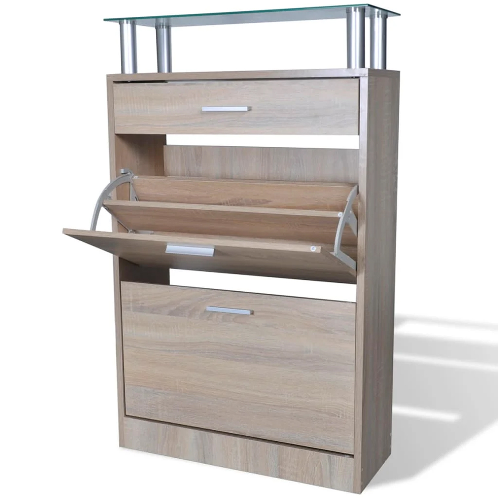 Juneau Glass Top Shoe Storage Cabinet In Oak