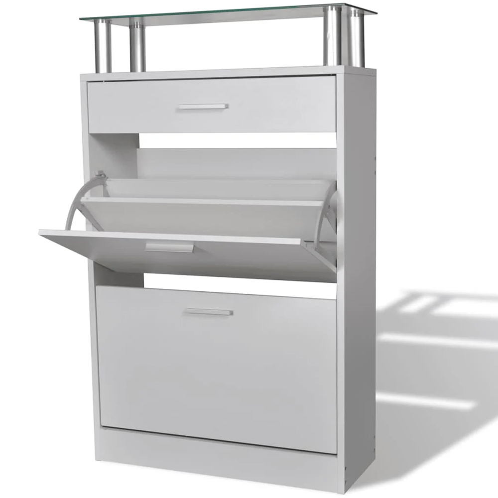 Juneau Glass Top Shoe Storage Cabinet In White