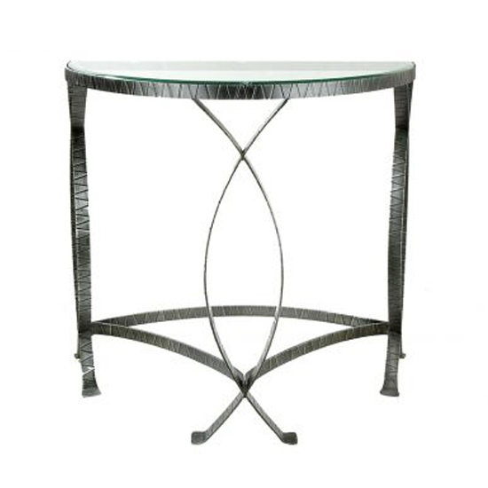 Photo of Jupiter clear glass console table with antique black metal frame