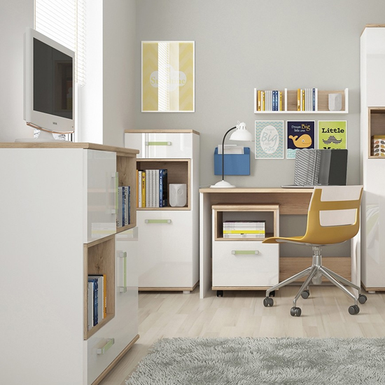 Kaas Wooden Office Pedestal Cabinet In White High Gloss And Oak_4