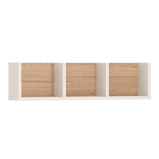 Read more about Kaas wooden sectioned wall shelf in white high gloss and oak