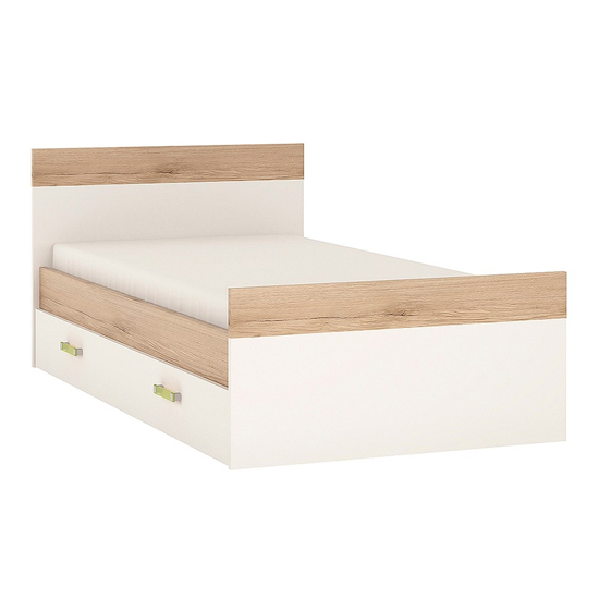 Photo of Kaas wooden single bed with drawer in white high gloss and oak