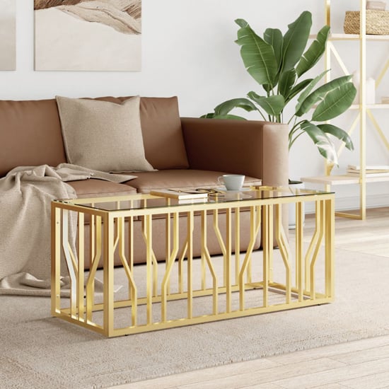Product photograph of Kacy Clear Glass Coffee Table Rectangular With Gold Frame from Furniture in Fashion