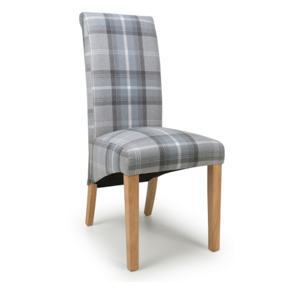 Kaduna Check Grey Fabric Dining Chairs With Oak Legs In Pair