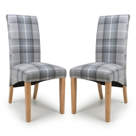 Kaduna Scroll Back Check Grey Fabric Dining Chairs In Pair