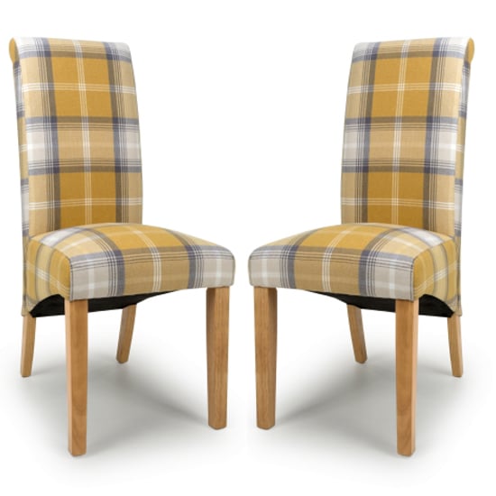 Product photograph of Kaduna Scroll Back Check Yellow Fabric Dining Chairs In Pair from Furniture in Fashion